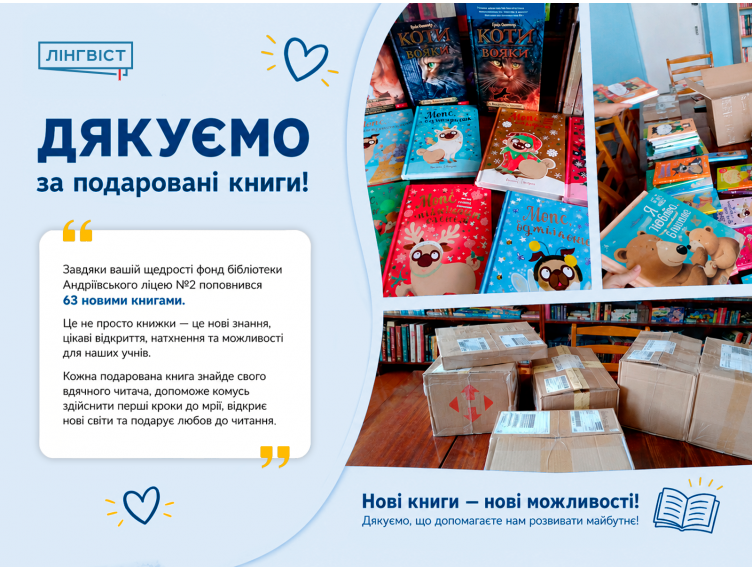 Компанія «Лінгвіст» передала книги до бібліотеки Андріївського ліцею №2